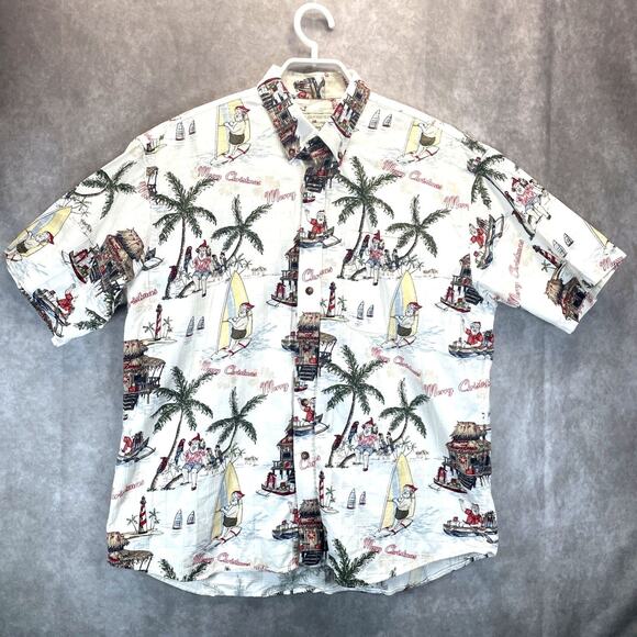Vtg Clearwater Outfitters Men L/G White Hawaiian Santa Merry Xmas Shirt Tropical - Picture 1 of 6